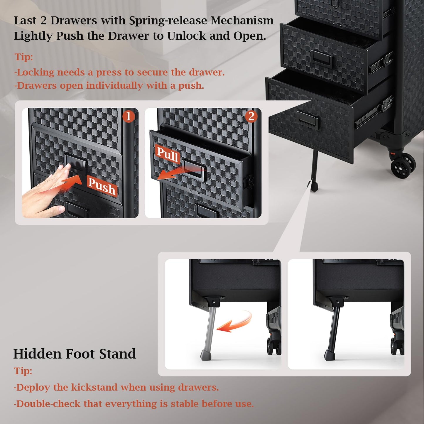 Stagiant Rolling Makeup Case with Drawers Cosmetology Case on Wheels 4 IN 1 Makeup Case 3 Drawers with Foot Stand Spring-release Mechanism Rolling Make Up Organizer for Artist Salon Nail Teach Trunk
