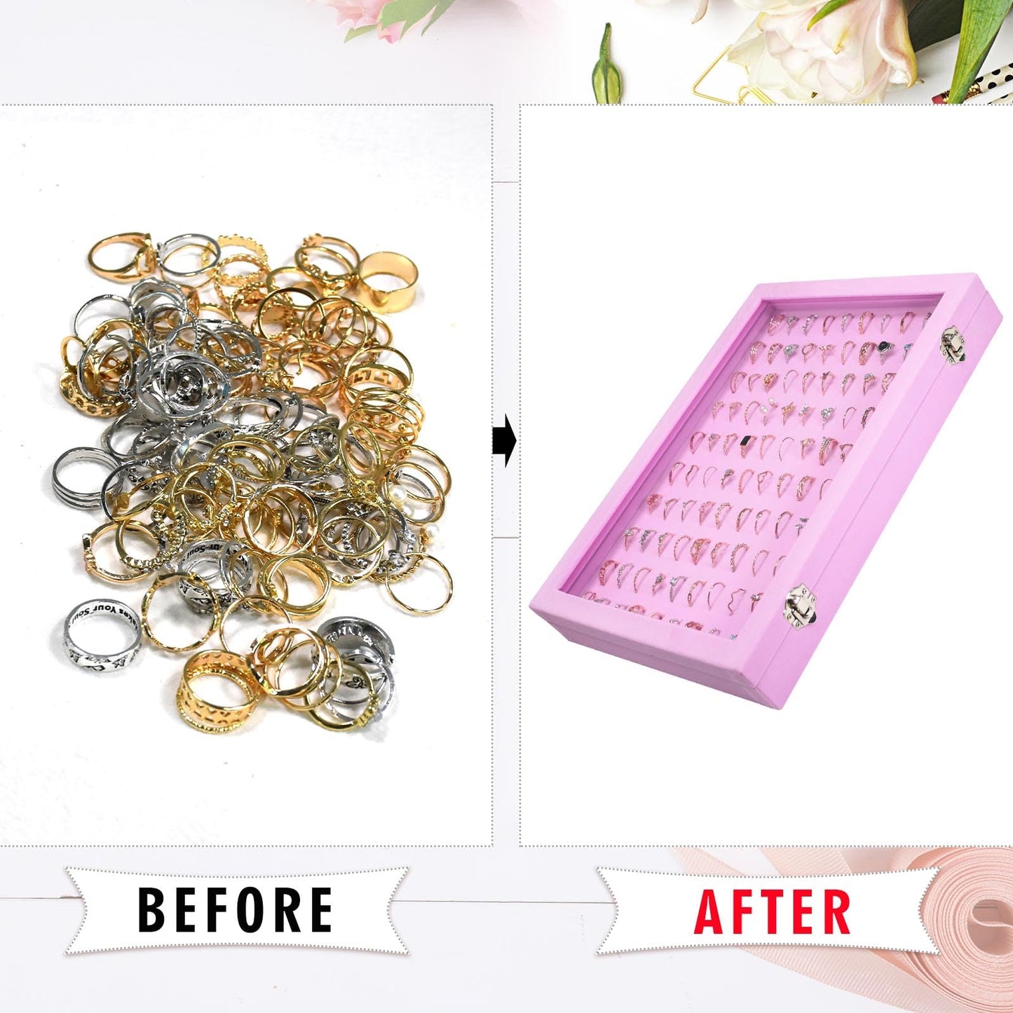 Siveit Velvet Ring Display Tray Organizer Box with Transparent Lid, 100 Slot Ring Holder Showcase For Store Display Jewelry Show Home, Pink