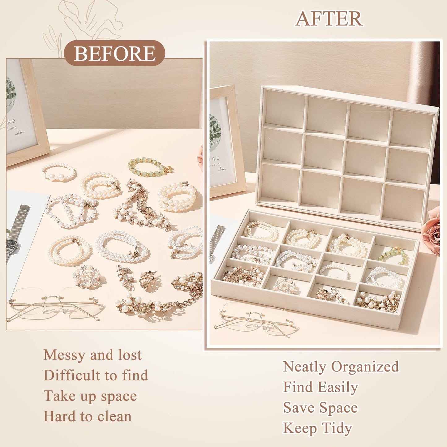 Cinnvoice 4 Pcs Stackable Jewelry Organizer Tray, 12 Grids Velvet Bracelet Ring Necklace Tray, Jewelry Organizer Trays for Drawer Display Selling Bangle Necklace Earring Showcase Storage(Beige)