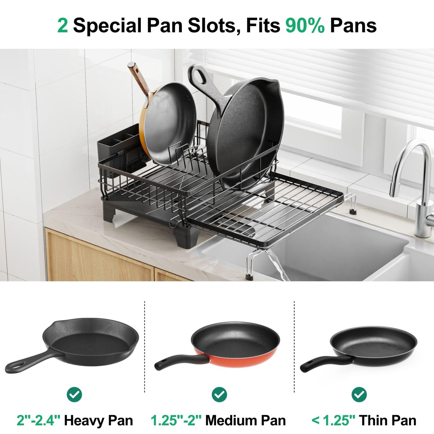 GSlife Expandable Dish Drying Rack for Kitchen Counter, Large Capacity 2-in-1 Rust Resistant Dish Drainer with Swivel Spout and Pull Out Over Sink Extension, 16.7" W x 12.6"-22.4" L, Black