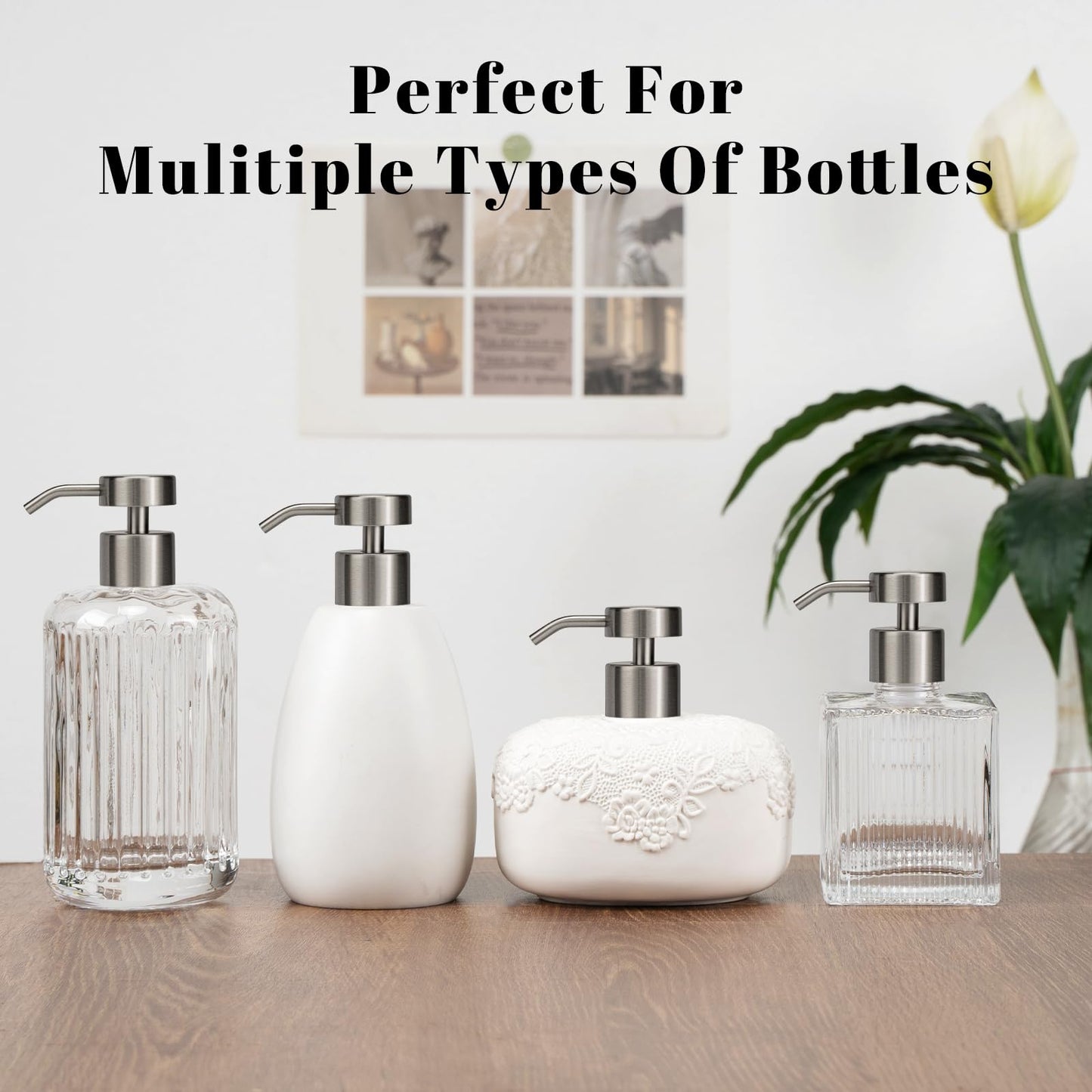 2 Pack 304 Stainless Steel Soap Dispenser Pump Replacement Flat Top Standard 28/400 Thread for Regular Mouth Bottles Lotion Soap Dispenser for Kitchen Bathroom(Brushed Nickel)