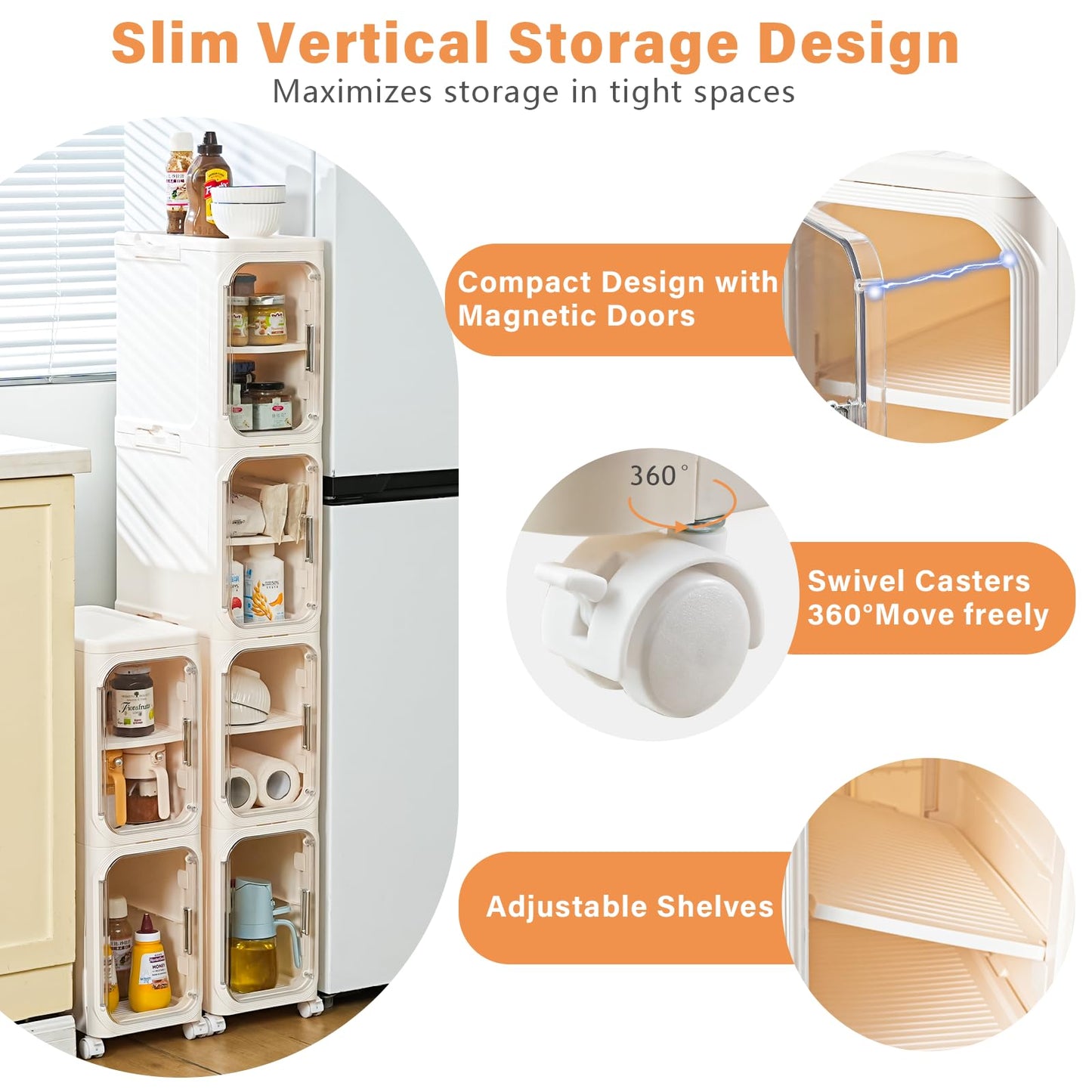 AntStep 2-Tier Slim Bathroom Storage Cabinet, Narrow Storage Cabinet with Wheels, Adjustable Shelves, Magnetic Doors, Water-Proof, Anti-Tip Skinny Organizer Cabinet for Small Space, Cream White