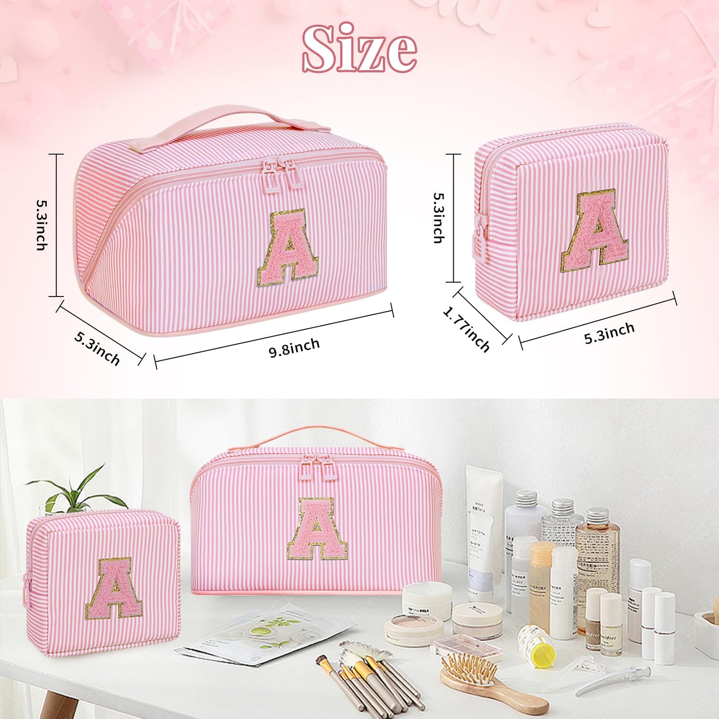 Initial Makeup Bag, Personalized Cosmetic Bag, 2Pcs Large Capacity Make Up Bag for Women, Open Flat Make up Cosmetic Organizer with Handle,Portable Make Up Organizer Pouch for Women - C