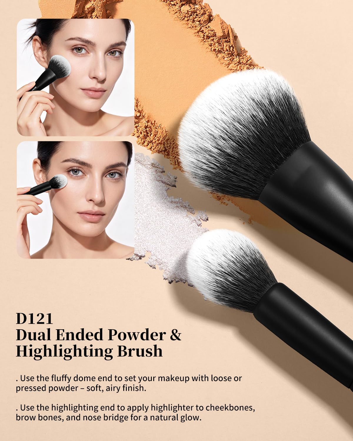 EIGSHOW Makeup Brush Set 3Pcs, Double Sided Foundation Contour Powder Highlight Concealer Brush for Liquid, Cream & Powder, Fit for Home, Travel & Gifting (Black)