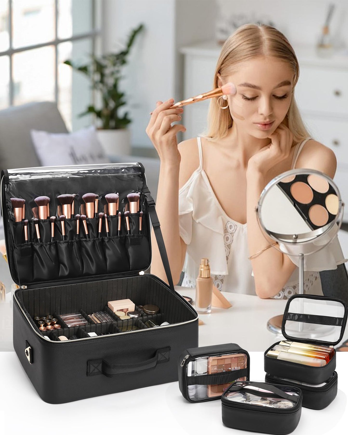 Relavel Extra Large Makeup Bag, Professional Makeup Train Case for Makeup Artists, Travel Cosmetic Organizer with 4 Small Portable Bags & Brush/Lipstick Plate, Adjustable Dividers and Shoulder Strap