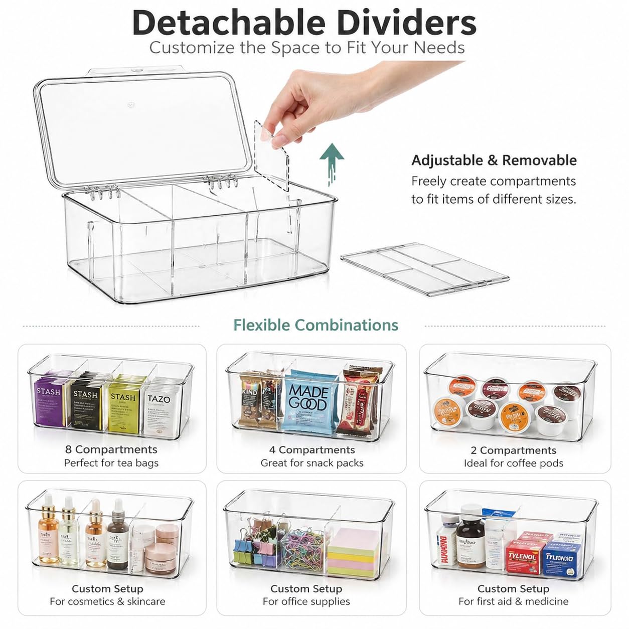 Tea Bag Organizer - Clear Acrylic Tea Storage Box with 8 Adjustable Compartments & Stackable Design for Pantry, Kitchen & Coffee Station - Versatile Tea Bag Holder with Lid