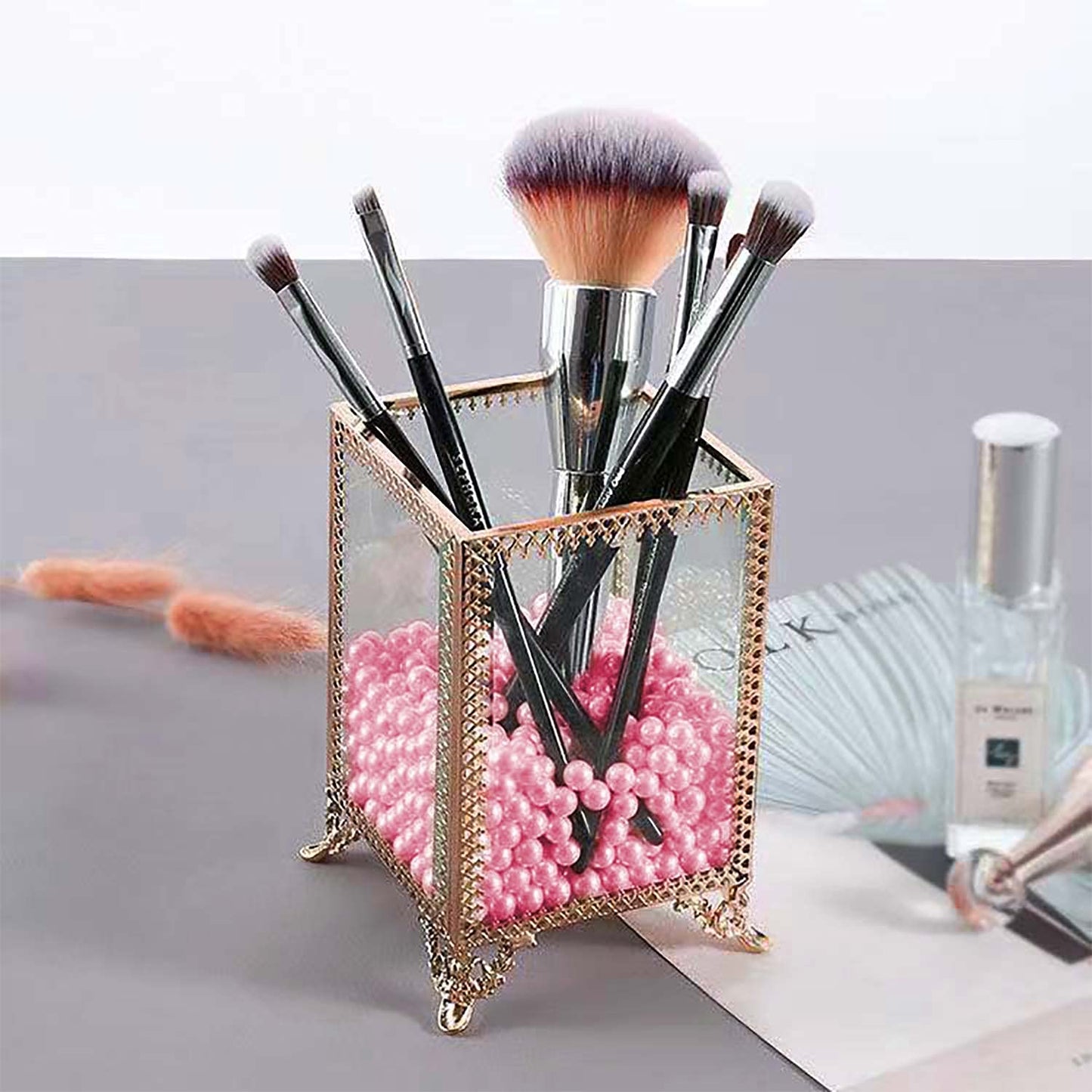 HKS Makeup Brush Holder Vintage Glass Handmade Organizer with Pink Pearls for Nail Brush, Vanity, Bathroom, Dresser, Countertop - Gold
