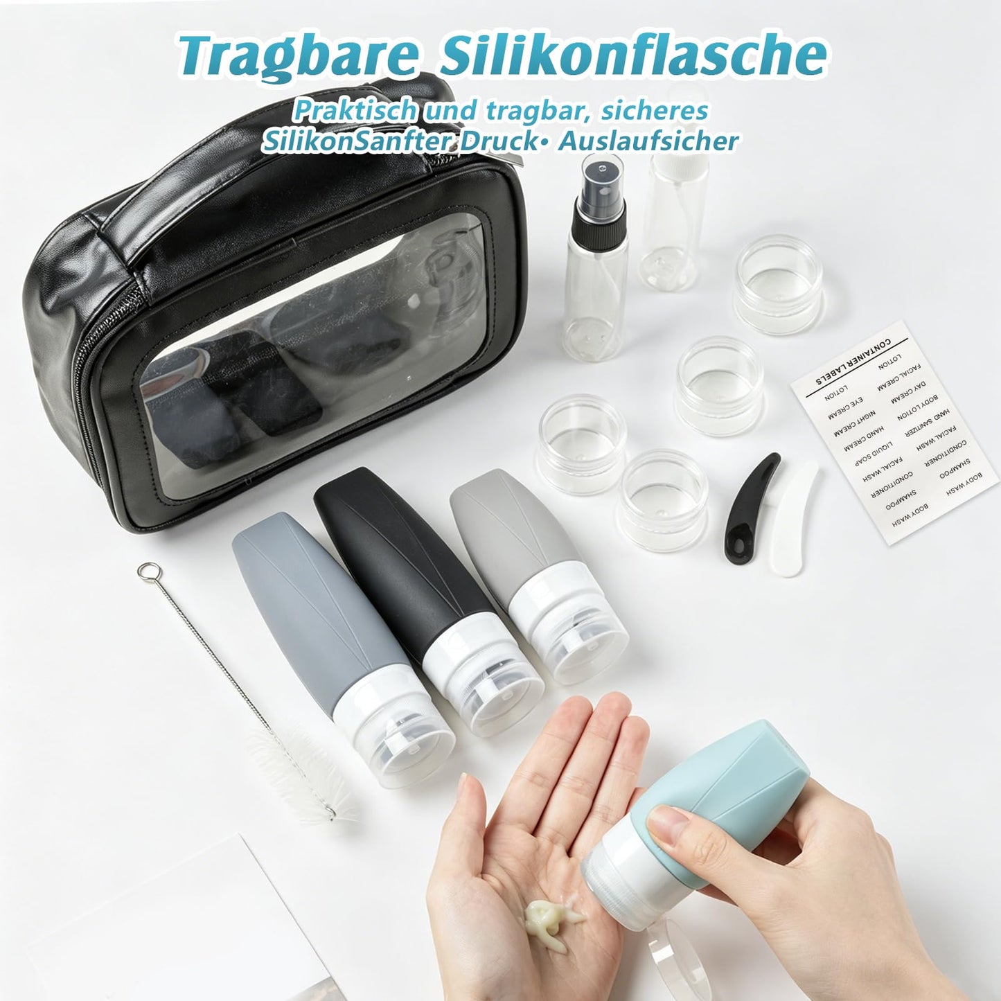 Jingmore 15 Pcs Travel Bottles Set for Toiletries PU Leather Toiletry Bag Travel Size Mini Makeup Containers Silicone Toiletry Bottles Pump Spray for Liquid Serum Cream Lotion Skincare Shampoo(Black)