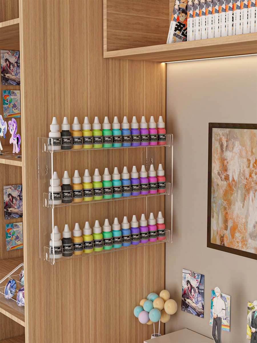 Cocheetah 3 Tier Display Rack, Clear Paint Rack Wall-Mount (No Drill), Acrylic Craft Paint Storage Organizer, Miniature Holder for 2oz Bottle, Nail Polish Organizer, Badges, Mini Figures (1)