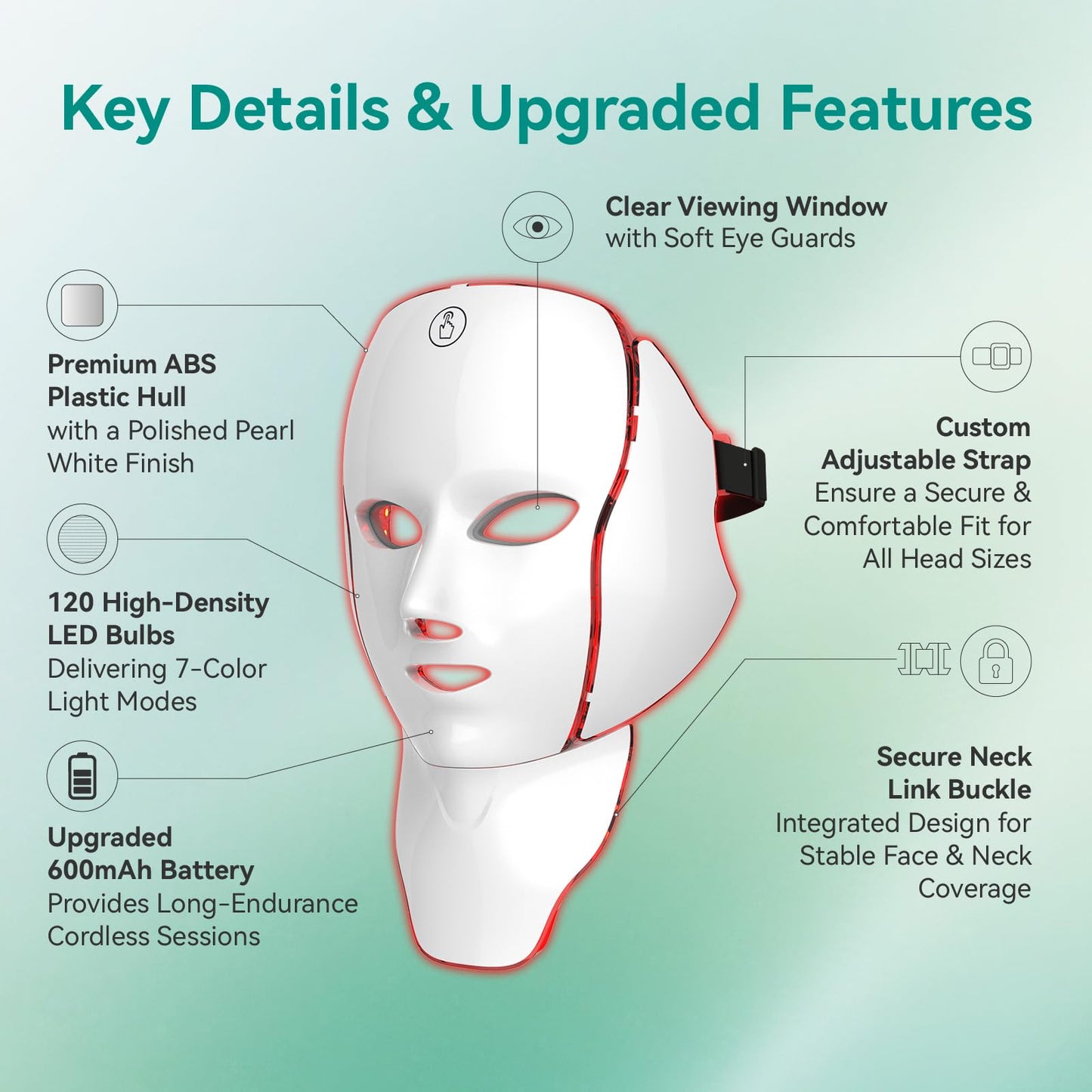 Red Light Therapy Mask for Face and Neck, Cordless Rechargeable Face Mask with Built-in Battery, Lightweight Skin Care Device