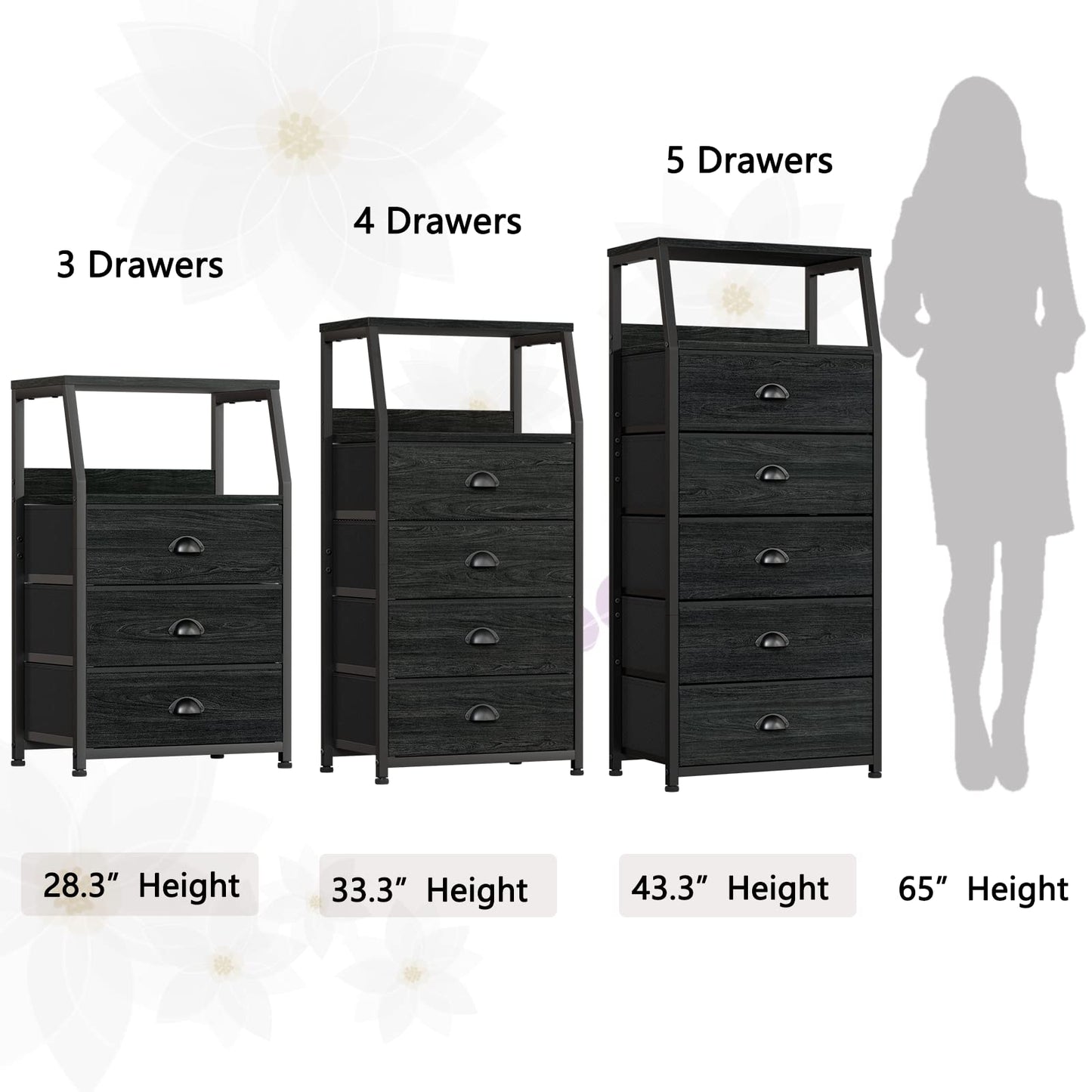 Furnulem Black Night Stand, Small Dresser for Bedroom, Nightstand with 3 Fabric Storage Drawers and 2-Tier Shelf, End Table Side Furniture for Closet, Hallway, Nursery, Sturdy Steel Frame, Wood Top