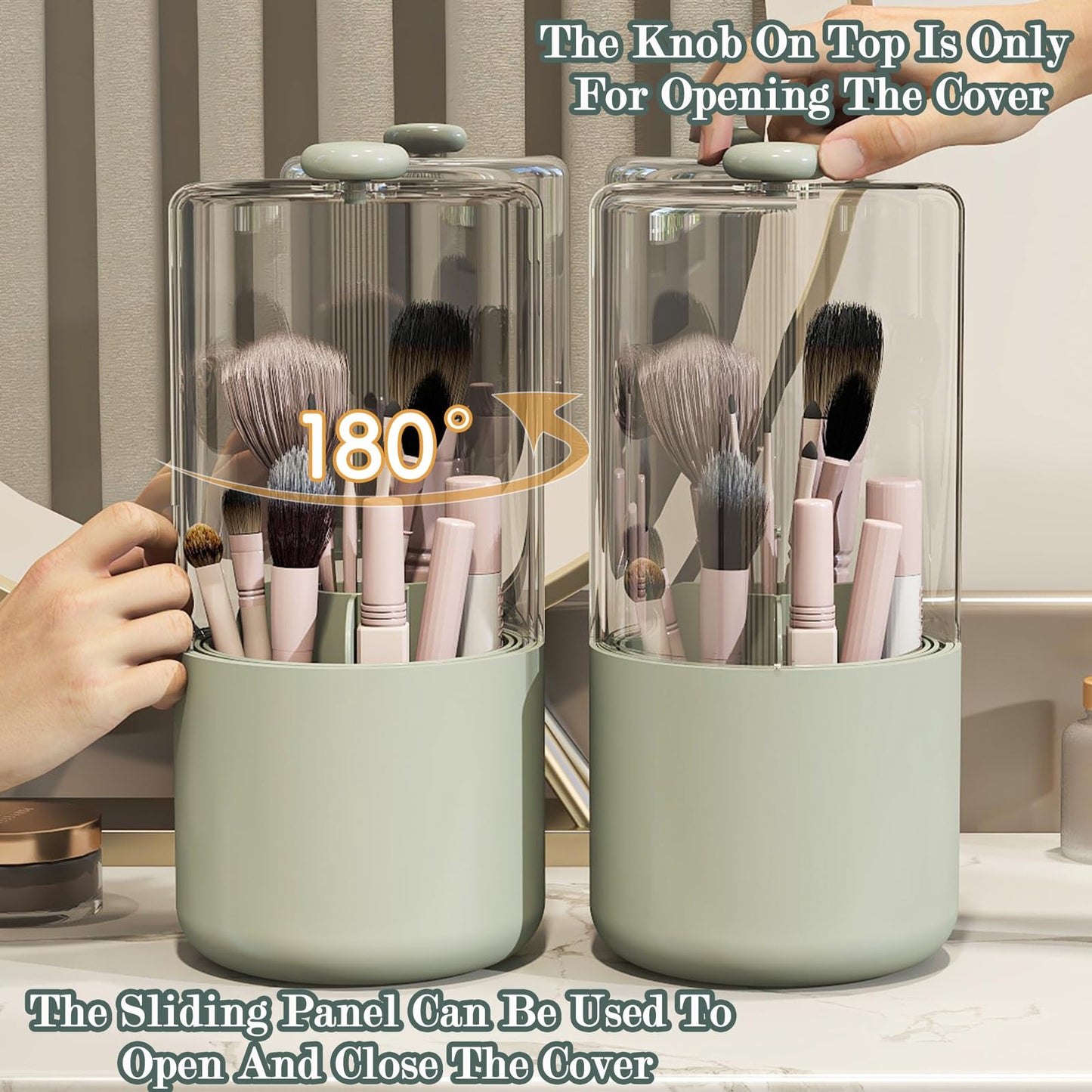 Zufudo Makeup Brush Holder with Dustproof Cover, Clear 360 Rotating Make Up Brushes Organizer for Counter Vanity Bathroom, Sage Green