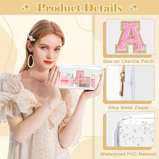 Personalized Initial Letter Clear Makeup Bag,Preppy Small Nylon&PVC Cosmetic Zipper Bag with Chenille Letter,Travel Skincare Toiletry Bag,Monogram Christmas Gift for Teen Girls Women,A