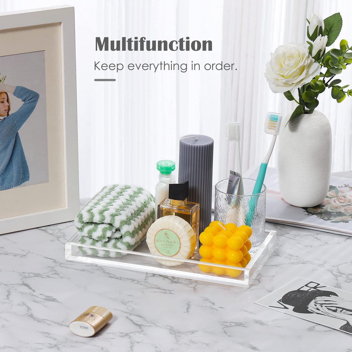 Cilinta Vanity Tray 8mm Thicken Clear Acrylic Organizer Tray 10.5 * 6" for Bathroom Sink Countertops, Dresser Tops, Toilet, Perfume, Soap, Rings, Earrings and Necklace Small Decorative Tray for Home