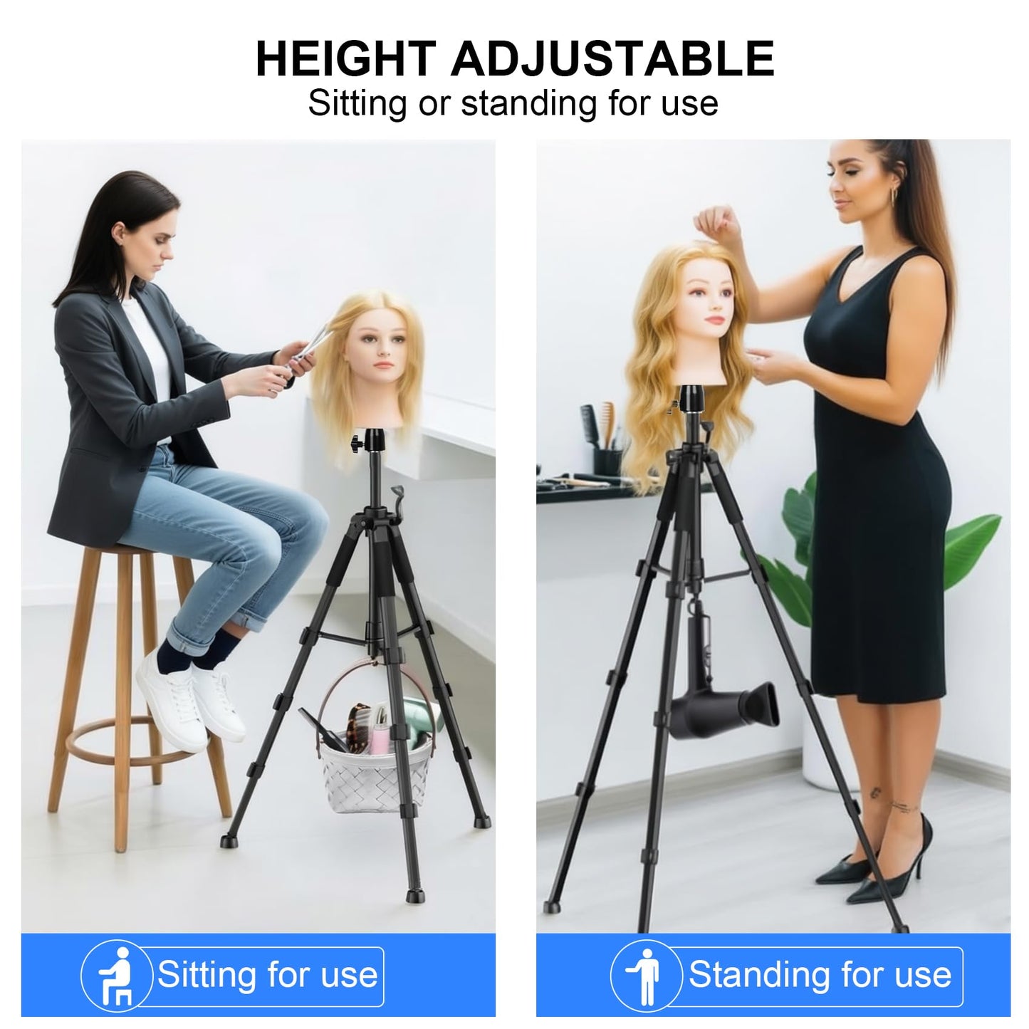 NomadSphere Heavy Duty Wig Stand Tripod Adjustable up to 62 Inch, 360° Rotation with Non-Slip Base and Hook Carry Bag for Hair Styling Training Display