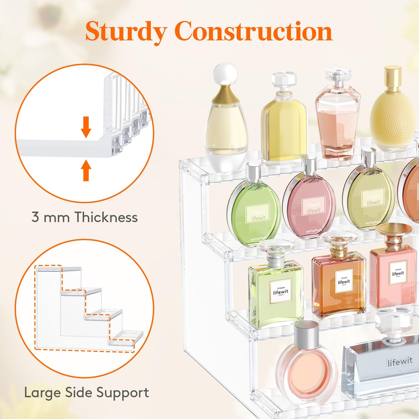 Lifewit 4 Tier Clear Display Riser Stand with Decorative Secure Fences, Tool-free Assembly, Plastic 12 Inch Perfume Organizer, Display for Figures, Cupcake, Dessert, 1-pack