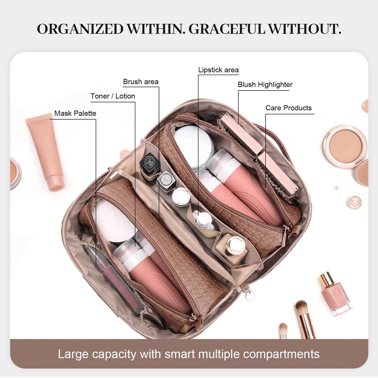 Travel Makeup Bag for Women: Designer 3 Pcs Set Cosmetic Bags for Women - Large Capacity Vagen Leather Hand-made for Toiletry Organizer - Ladies Travel Flat Open Essentials for Luxury (10Brown)