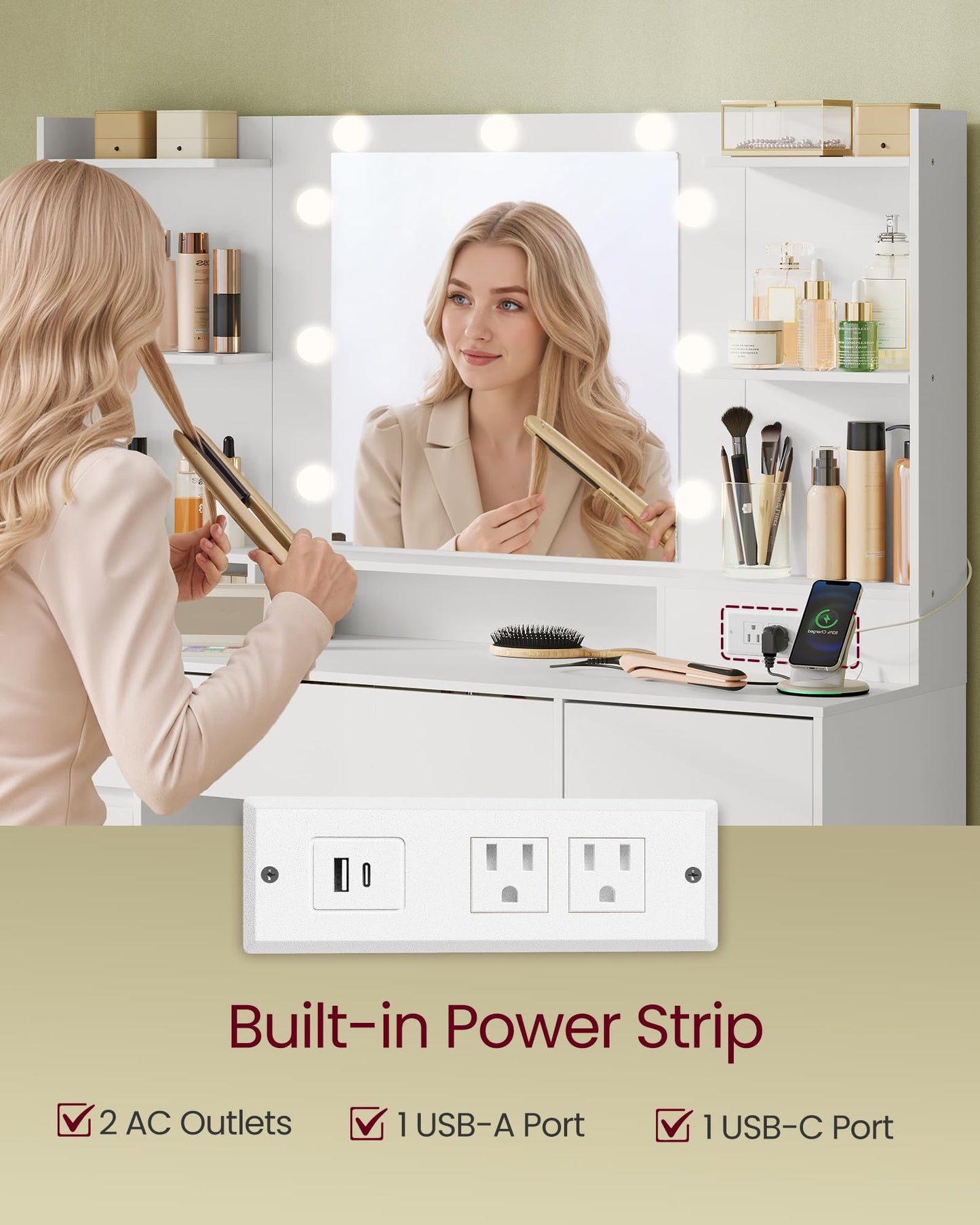 VASAGLE KAILYN Collection - Vanity Desk with Mirror and 9 LED Bulbs, Modern Vanity Makeup Table with Power Outlets, Dressing Table with 9 Drawers, for Bedroom, Cloud White URDT141WB01S