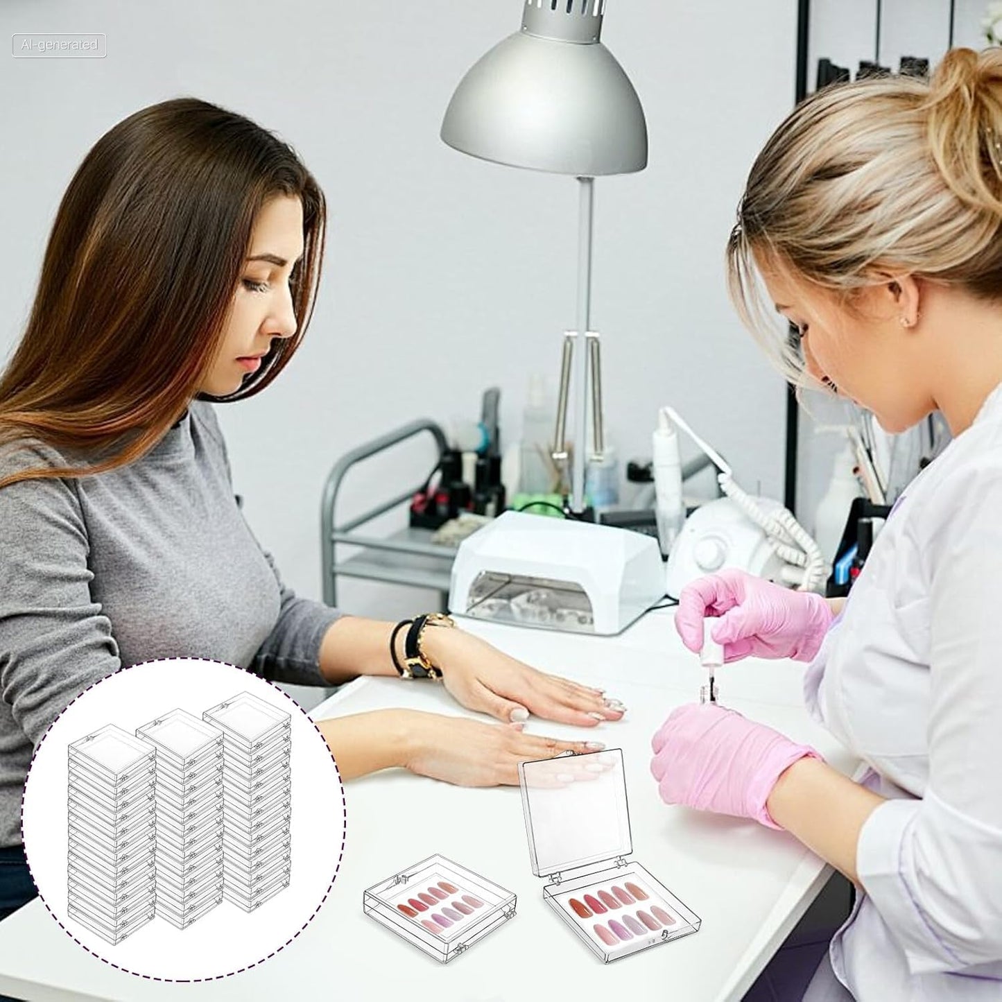 Worldity 50 Sets Nail Packaging for Press Ons, Clear Press on Nail Storage Box with Adhesive Double Sided Tape and Nails Packaging Bag, Artificial Nail Display Case for Nail Salon