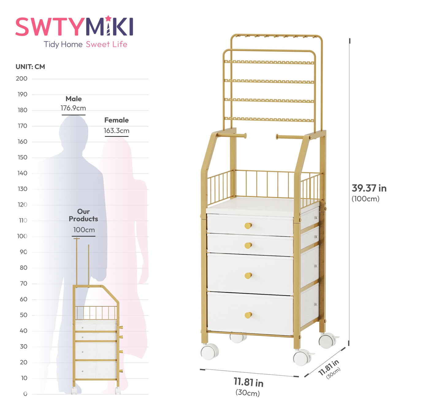 SWTYMIKI Gold Jewelry Organizer Stand - Multifunctional Rack Tower for Necklace, Earring, Ring & Bracelet Display - Moveable Storage Jewelry Holder Stand with 4 Nonwoven Drawers for Bedroom Gold