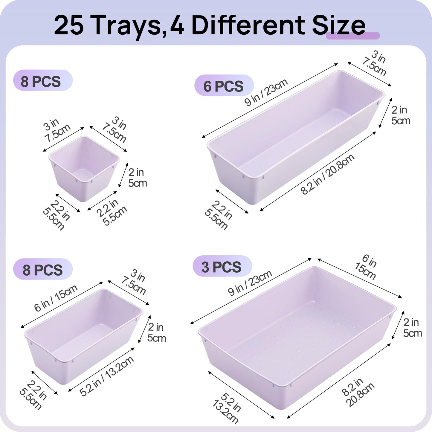 Vtopmart 25 PCS Plastic Drawer Organizers Set, 4-Size Versatile Bathroom and Vanity Drawer Organizer Trays, Storage Bins for Makeup, Bedroom, Kitchen Gadgets Utensils and Office
