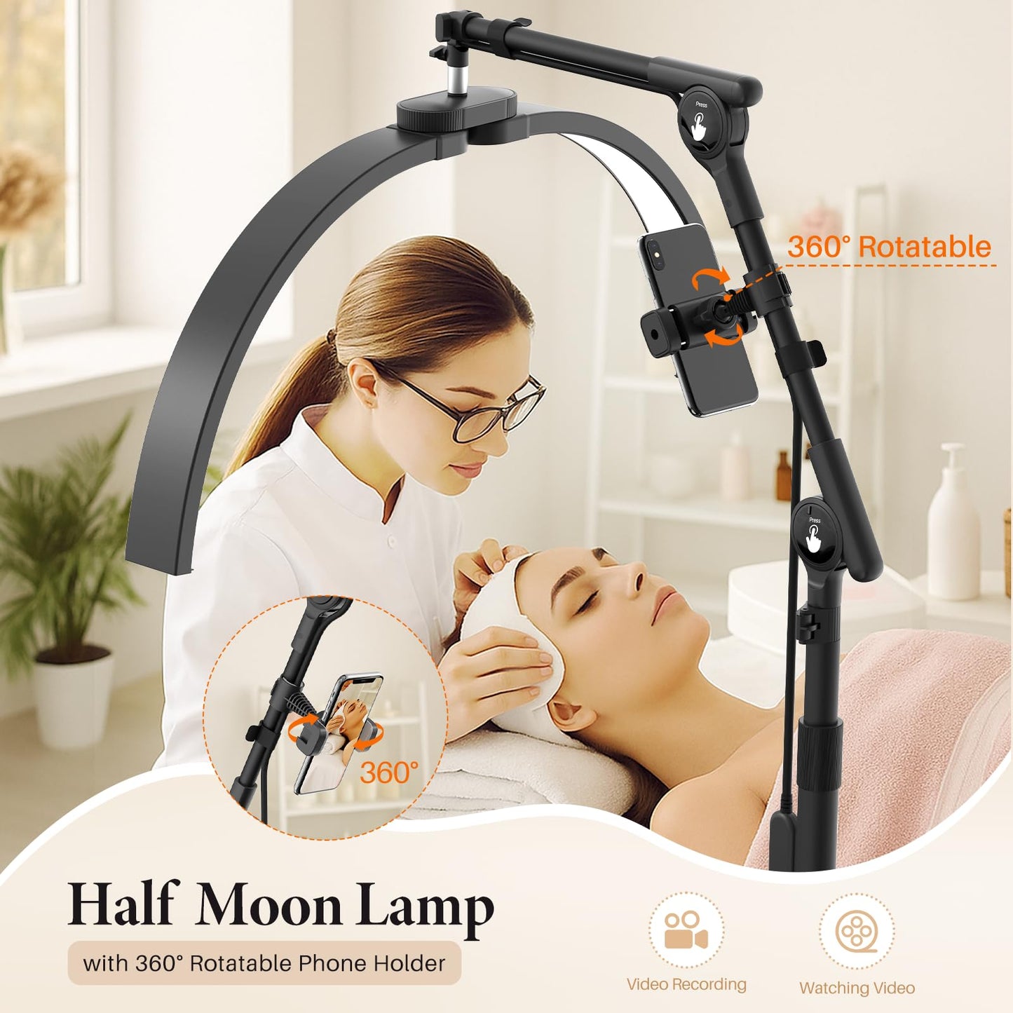 LIONVISON Half Moon Lash Lighting: Foldable Floor LED Lamp for Eyelash - 45W Portable Esthetician Light with Phone Holder for Lash Artist Tech Tattoo Salon