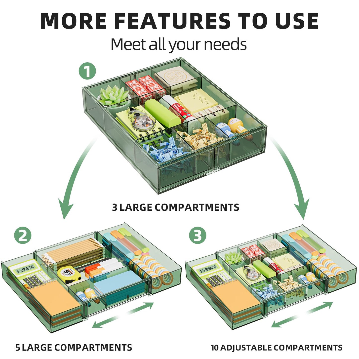 Marbrasse Expandable Desk Drawer Organizer, Clear Plastic Drawer Organizer Tray with 10 Adjustable Compartments, Desk Organizers and Accessories, 5 Drawer Dividers for Office Supplies(Clear Green)