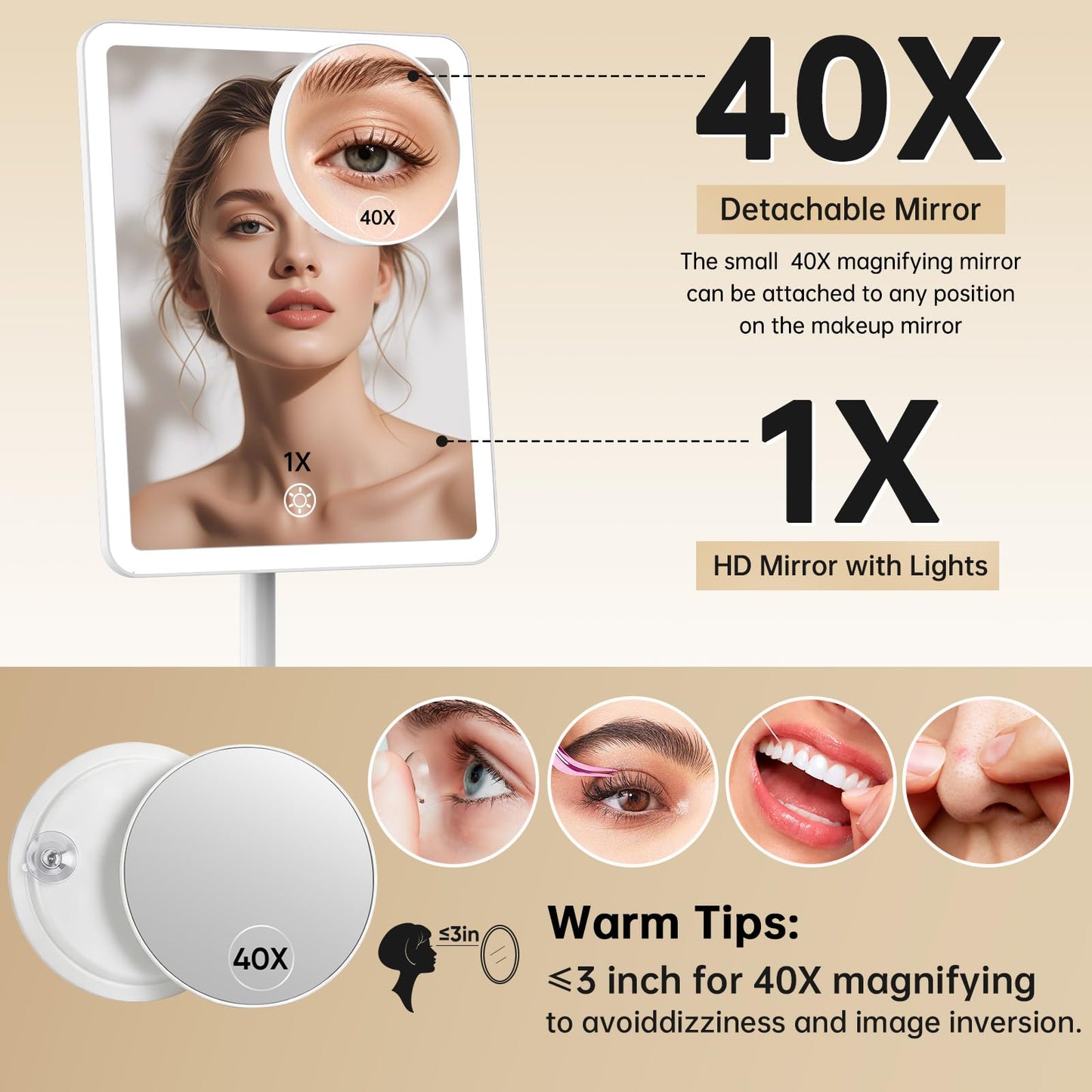 FUNTOUCH Vanity Mirror with Lights, Rechargeable Makeup Mirror with Lights,Smart Touch with 3-Color Lighting, Dimmable, Detachable 40X Magnification for Vanity Desk Tabletop,White