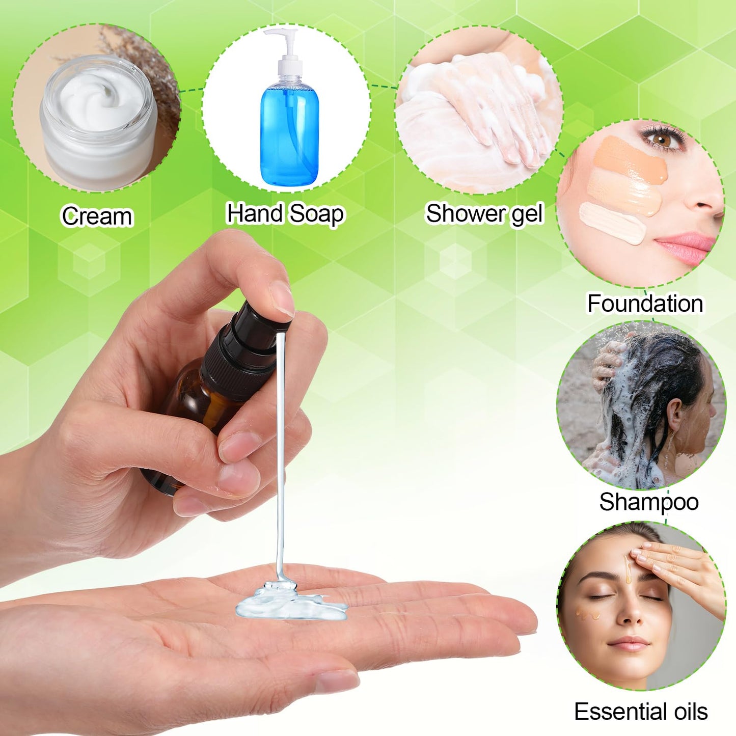 Yiyiring 50 Pcs 15ml Empty Refillable Amber Glass Pump Bottles with Clear Top, 6 Funnel, 6 Droppers, Travel Size Cosmetic Dispenser for Cream, Lotion, Sample, Liquids Aromatherapy