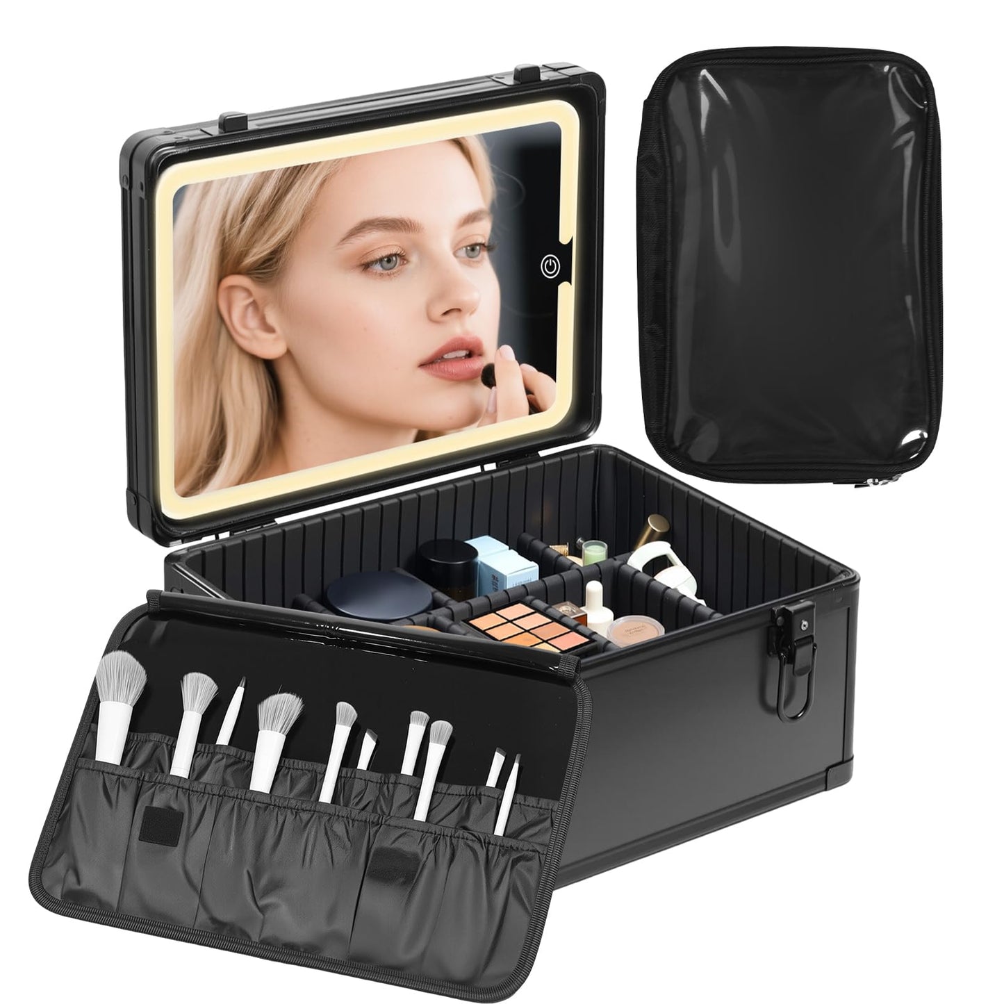 CHENGLIN Makeup Extra Large 15 inches Case with Lighted Mirror – Cosmetic Organizer with Adjustable Dividers, Magnetic LED Mirror, Portable Makeup Suitcase for Women, Black