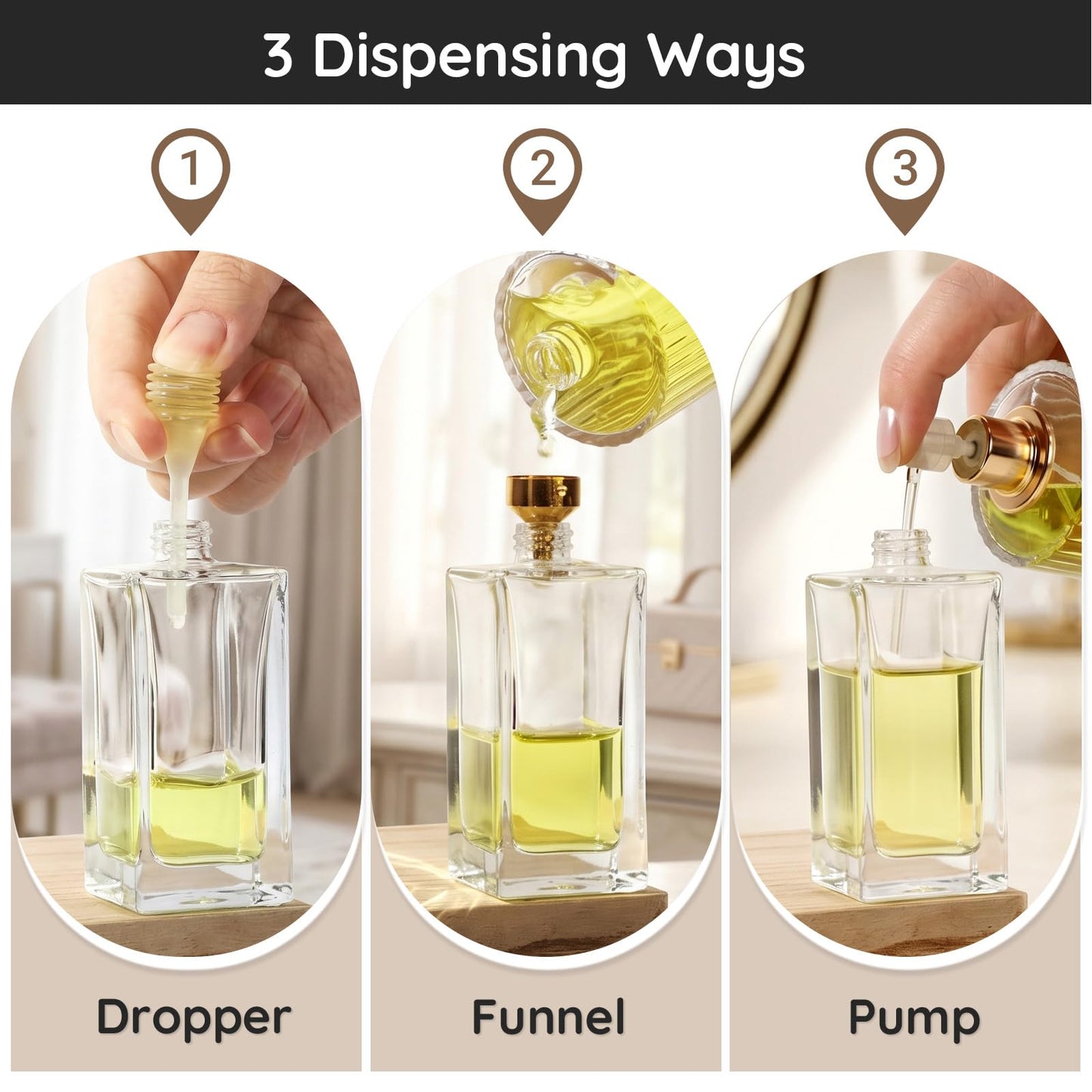 Segbeauty 1.7oz Clear Glass Perfume Spray Bottles for Travel, 2pcs Light Wooden Cap Cologne Atomizer Set with Perfume Transfer Tool, 50ml Fine Mist Sprayer for Cosmetic Liquids, Empty Cologne Bottles