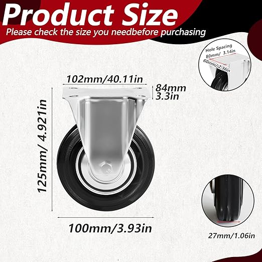 4 Inch Caster Wheels Set of 4, Heavy Duty Casters with Brake, Rubber Locking Casters for Cart, Workbench,Black (4" 4Pack with Brake, 4)