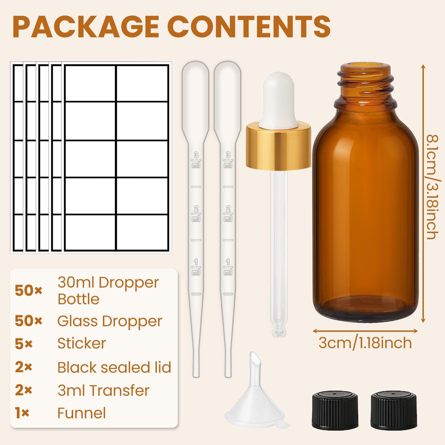 UPBUD 50Pack 1oz Amber Glass Dropper Bottles with Gold Lids, Funnels, Droppers, Extra Caps & Labels – Leakproof, UV Resistant 30ml Empty Bottle for Tinctures, Essential Oils, Beard, Hair Oils