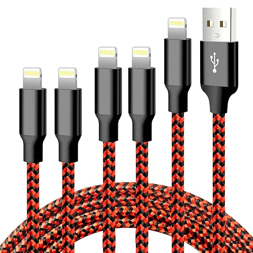 cugunu iPhone Charger, 5 Pack 3/3/6/6/10FT Apple MFi Certified USB Lightning Cable Nylon Braided Fast Charging Cord Compatible for iPhone 14/13/12/11/X/Max/8/7/6/5/SE/Plus/iPad - Black Red