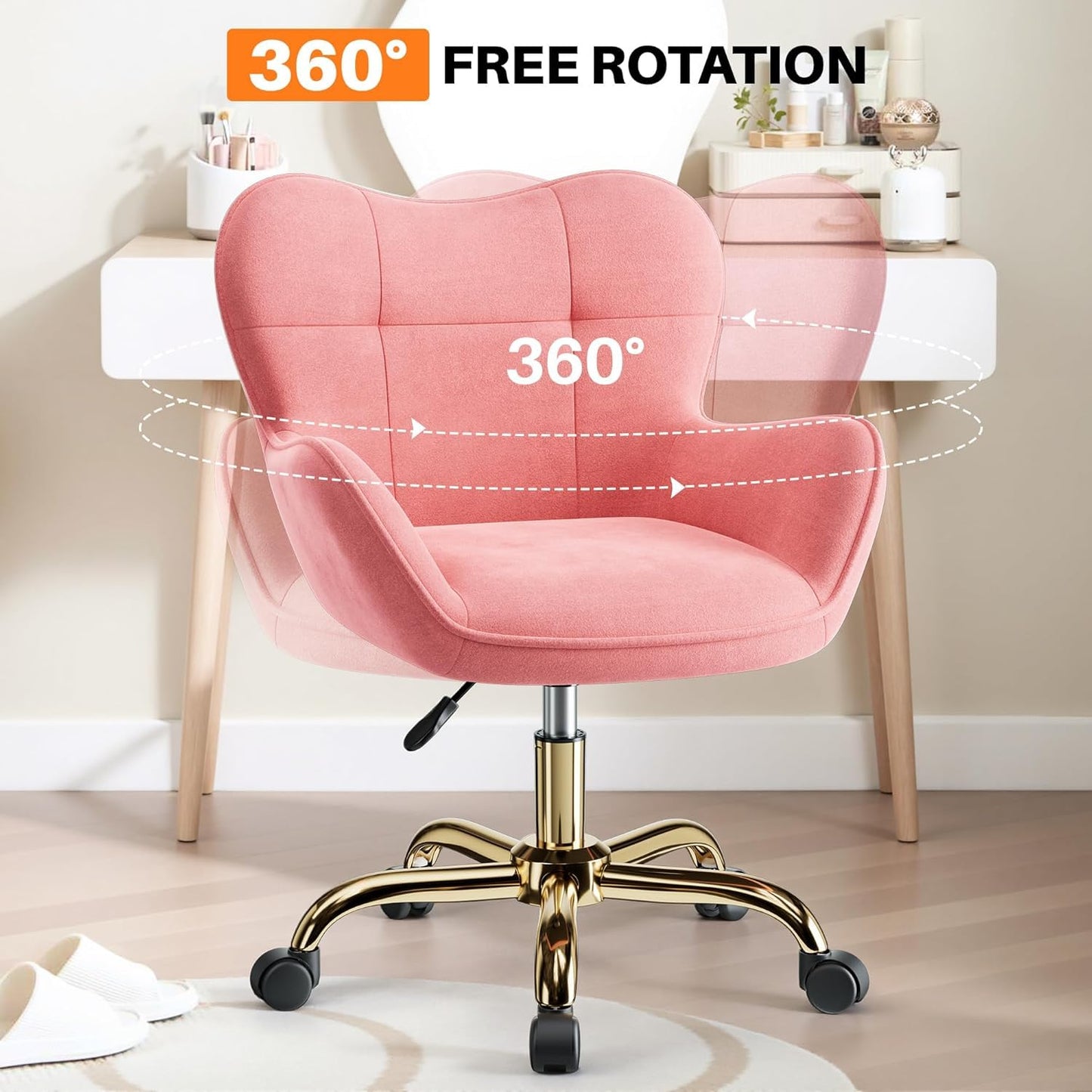 BestEra Vanity Chair with Wheels, Cute Home Office Desk Chairs Adjustable Height for Living Bedroom, Small Modern Fluffy Velvet Makeup Chair with Back for Girls (Pink)