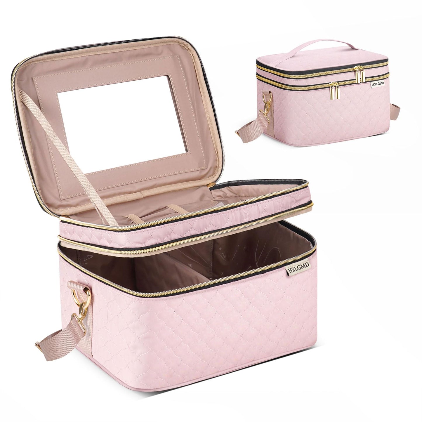 HXLGMD Double Layer Travel Makeup Bag Women, Cosmetic Organizer Case, Travel Essentials Accessories with Shoulder Strap for Bottles, Brushes, Conditioner, Skin Care Products, Pink