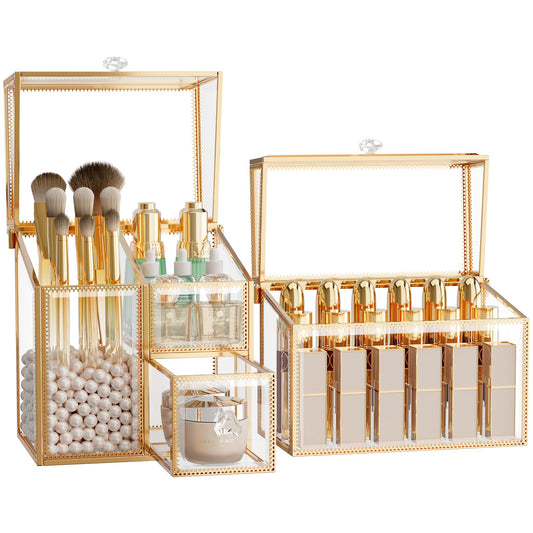 CoralHouse Makeup Brush Organizer – Vanity Organizer with 18-Slot Lipstick Organizer & Makeup Brush Holder with Lid – Skincare, Perfume & Cosmetic Storage for Bathroom or Dresser