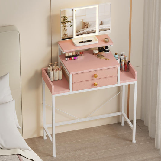 HIGDBFE Vanity Desk with Mirror and Lights 28.4''W Small Makeup Vanity