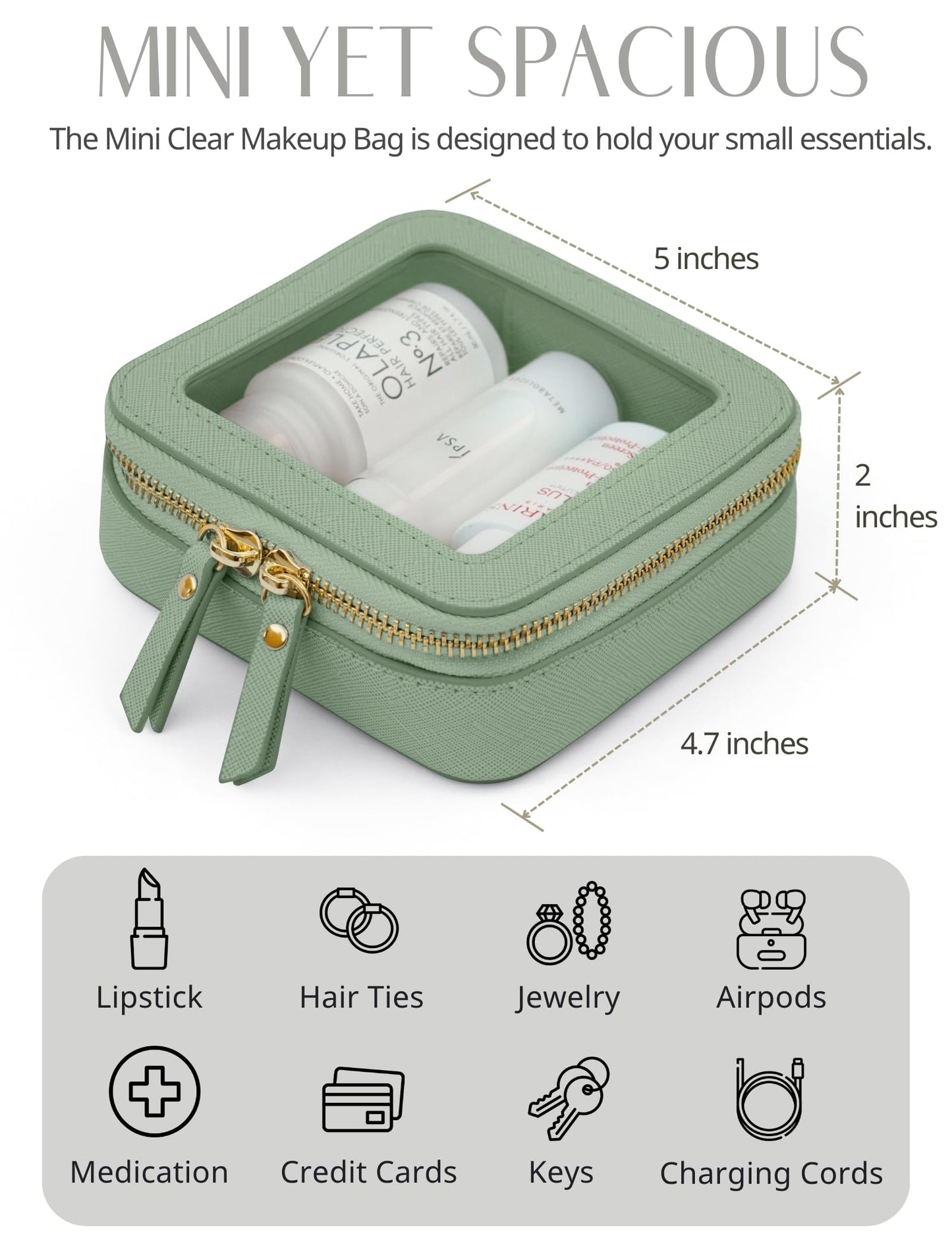 Popvibe Small Clear Makeup Bag Mini Travel Cosmetic Case Transparent Toiletry Bag with Zipper, Portable Make Up Organizer Traveling Compact Car Bag for Essentials, Sage Green, Mini