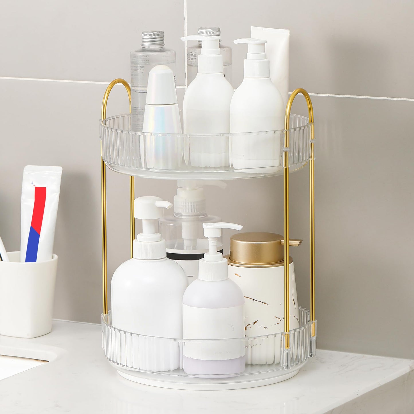 YCIA&DONE 360 Rotating Makeup Organizer and Storage for Vanity Bathroom Countertop, High Capacity Cosmetic Skincare Perfume Organizers for Dresser Lazy Susan (Clear White,2 Tiers)