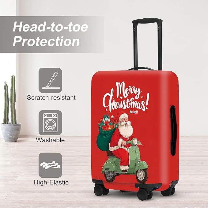 Santa on Scooter Luggage Cover - Christmas Riding Green Scooter with Gifts, Whimsical Modern Holiday Design for 24 26 Inch Travel