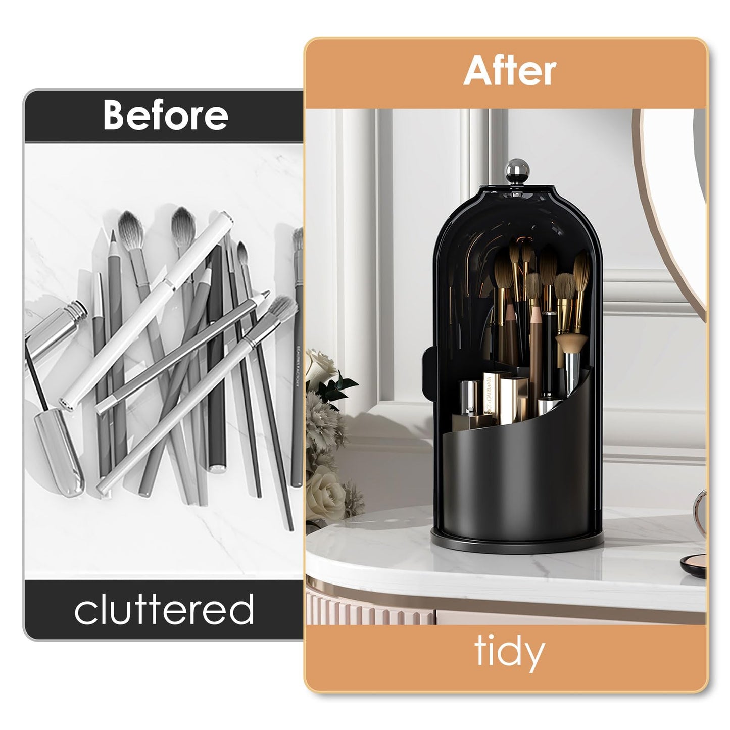 YOOLENS Makeup Brush Holder with Lid 360 Rotating Clear Dustproof Make Up Organizers for Vanity Bathroom Countertop, All Black