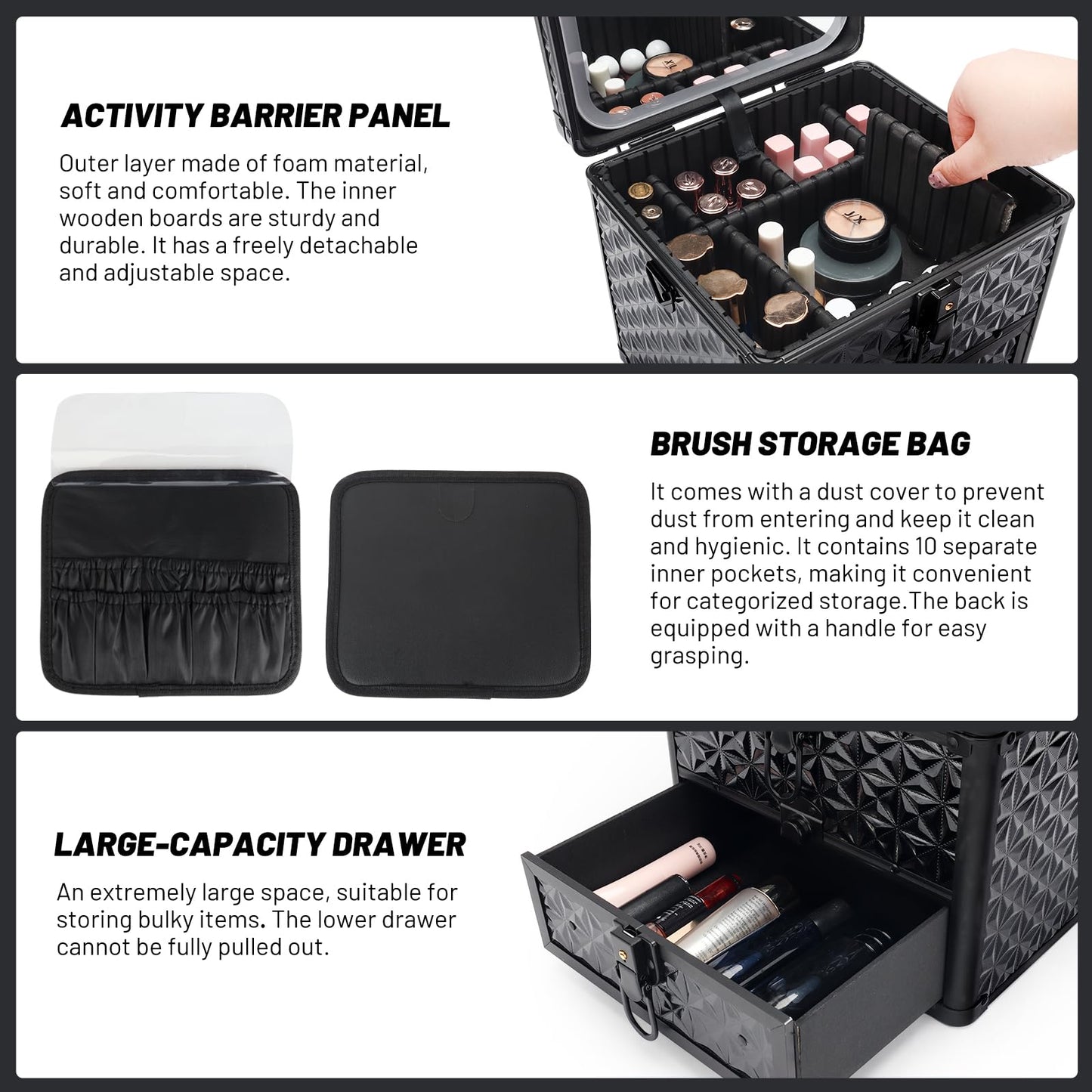 HAISKY Makeup Case with Drawer, Detachable Lighted LED Mirror, Travel Vanity Organizer, Portable Cosmetic Train Case, Lockable Makeup Suitcase with Adjustable Dividers, Shoulder Strap, Brush Holder