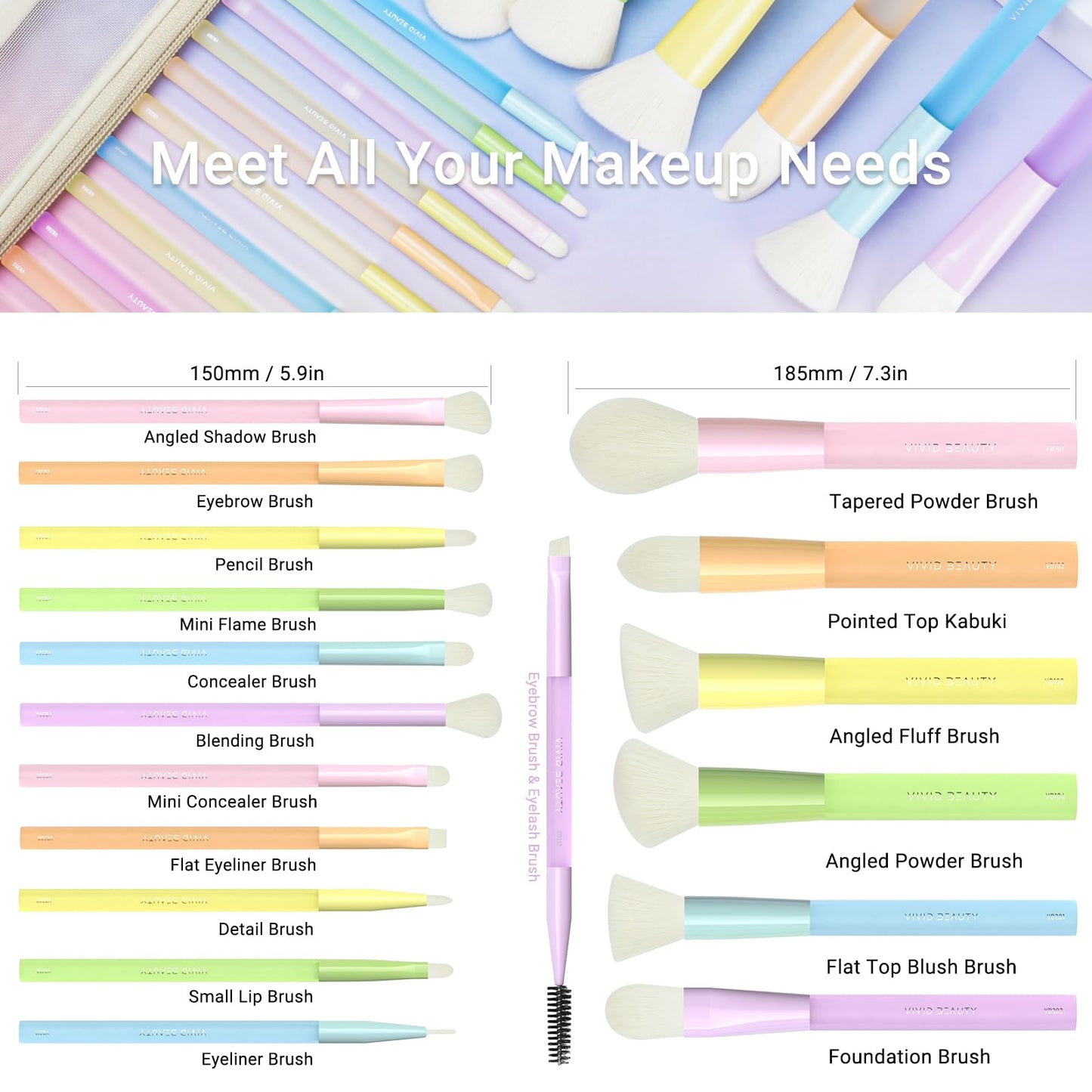 VIVID BEAUTY Makeup Brush Set, 18 Pcs Makeup Brushes with 2 Sponges & Travel Bag, Colorful Make up Brushes for Foundation Powder Blush Blending Eyeshadow, Face & Eye Brush Kit for Beginner