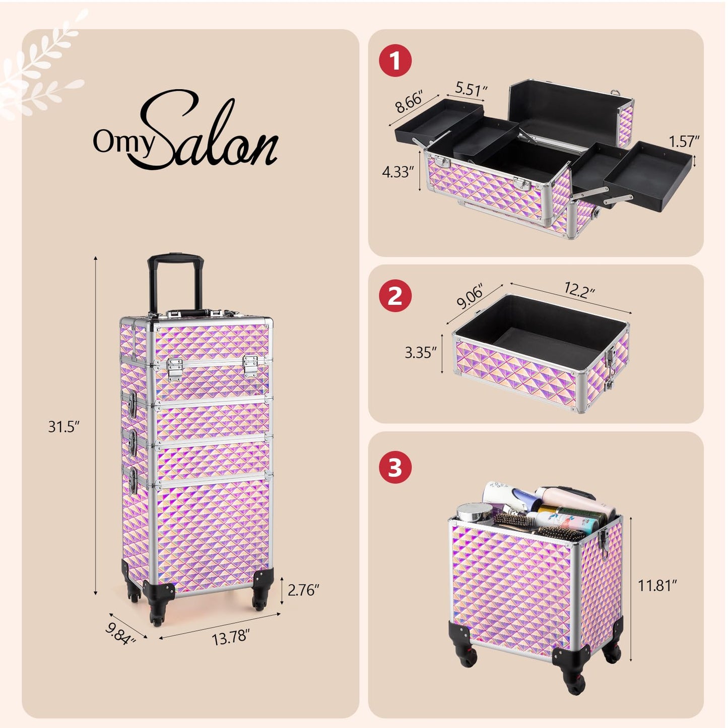 mefeir 4-in-1 Rolling Makeup Train Case Lift Handle,4 Removable Wheels Lockable Keys,Aluminum Cosmetic Trolley Beauty Stylist Artist Organizer Box,Ideal Xmas New Year Gift (Diamond Pink)