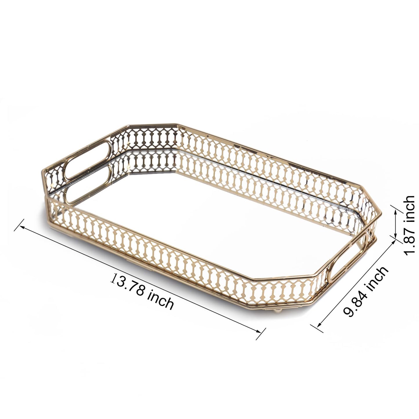 Yikinip Bar Cart Tray Glass and Gold Tray，Mirrored Tray for Cologne, Perfume and Gold Vanity Tray- Decorative Mirrored Vanity Tray with Cutout Design, Glass Base, Metal Jewelry Organizer