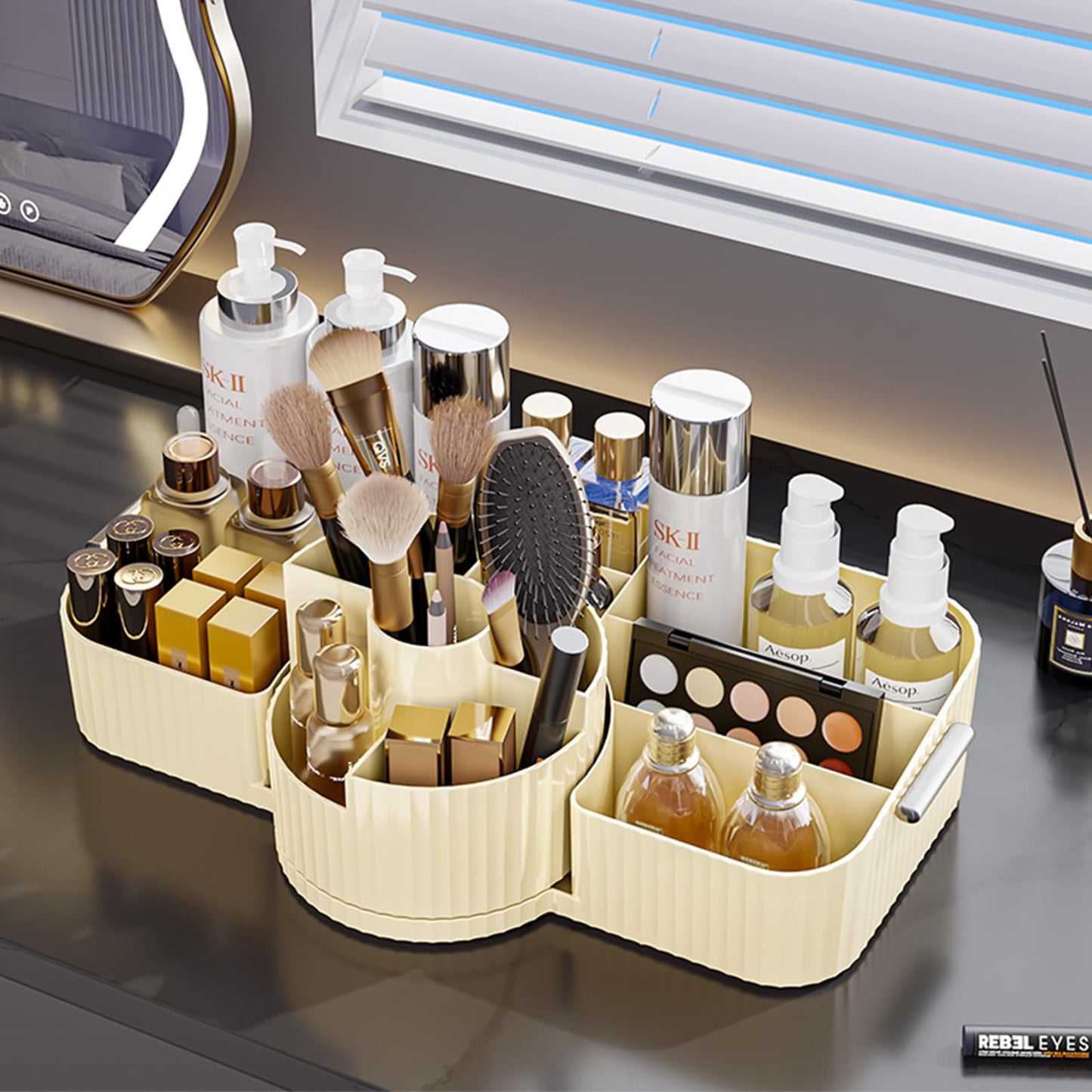Aieyaki Rotating Makeup Organizer Cosmetic Display Case, Used for Vanity Makeup Brushes, Lipstick, Perfume and Various Skin Care Products - Spacious and Fashionable Storage Solution (Creamy White)