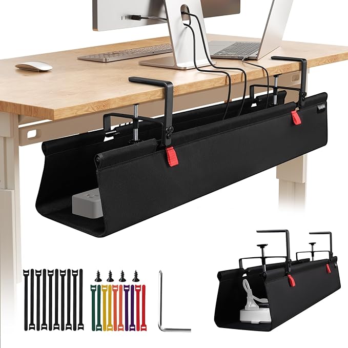 Under Desk Cable Management Tray, No Drill Desk Cord Organizer with Clamp, 28" Fabric Cable Management for Standing Desk Office & Home, Black