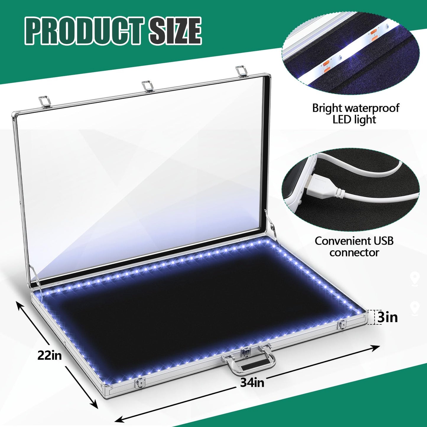 Memorywuu 34"x22" LED Trade Show Display Case Table Top Portable Aluminum Sports Card Display Case Frame with Clear Acrylic Showcase with Locks for Jewelry Craft Collector Shows