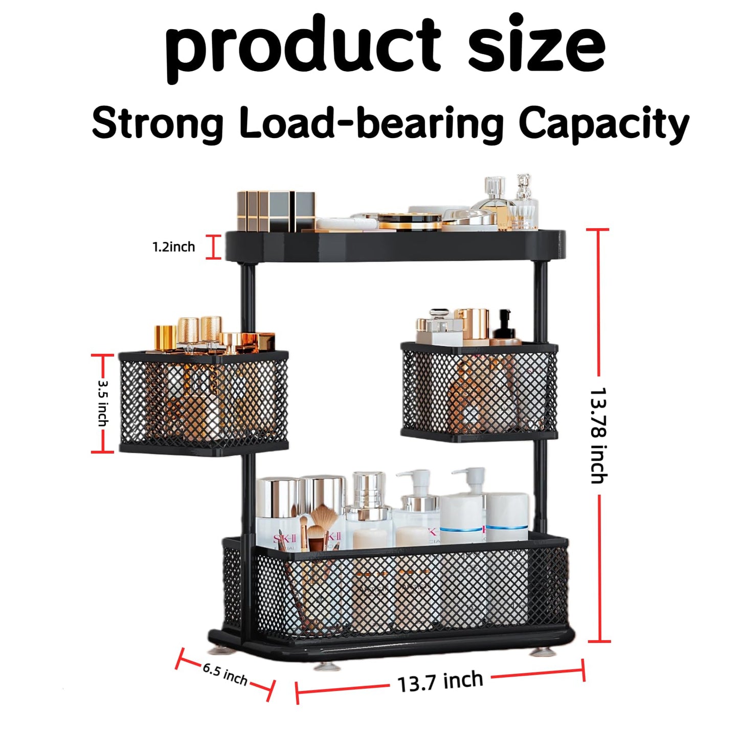 Dazioter 3-Tier Rotating Bathroom Organizer 360° Cosmetic Holder with Anti-Slip Base for Countertop, Vanity, Kitchen Spice Rack Metal Storage Shelf (Black)